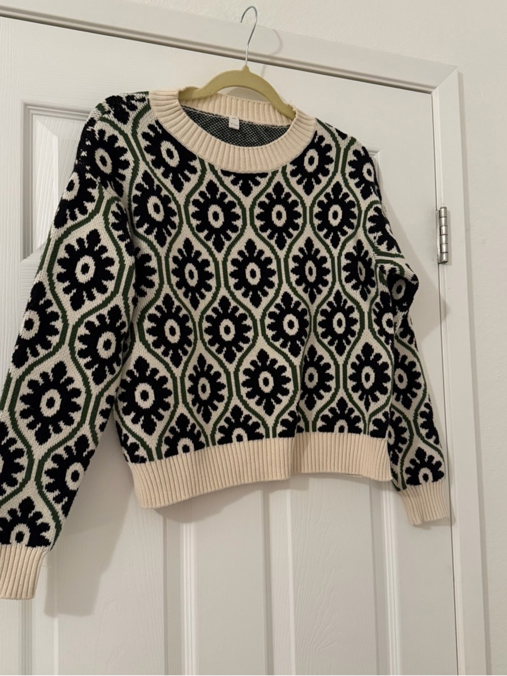 Abstract Floral Cream & Black Sweater With Green Detailing